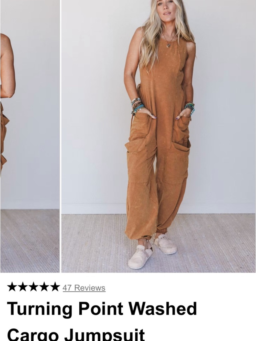 Three Bird Nest Washed Cargo Jumpsuit - Camel